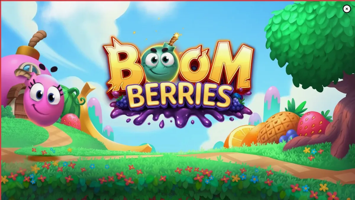 Tampilan visual slot Boomberries dengan tema buah-buahan dan desa dongeng