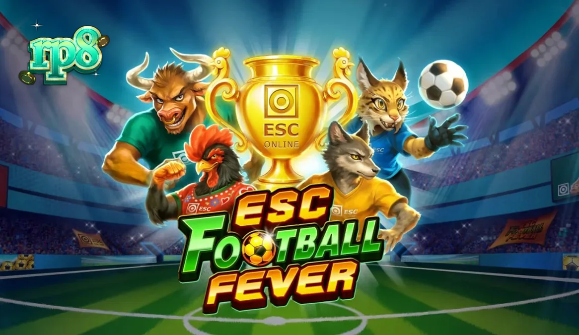 Tampilan visual slot ESC Football Fever dengan latar belakang stadion yang megah